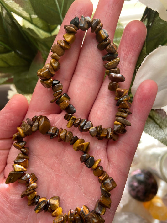 Tiger Eye Bracelet- Tiger Eye Crystal Bracelet- Tiger Eye Chip Bracelet- Solar Plexus Chakra